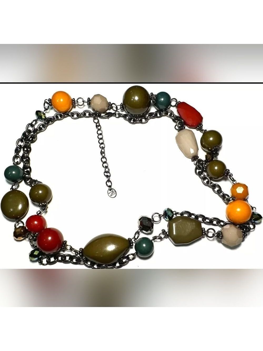 Vintage Necklace SIGNED NES NY Bead Long Large Olive Green Gold 34"-36"